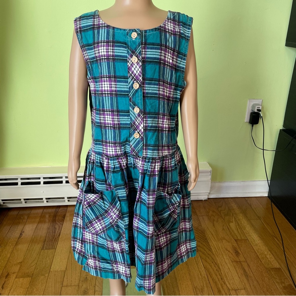 VINTAGE 90s FASHIONLAND ORIGINAL GREEN PLAID BUTTON UP DRESS SIZE 10